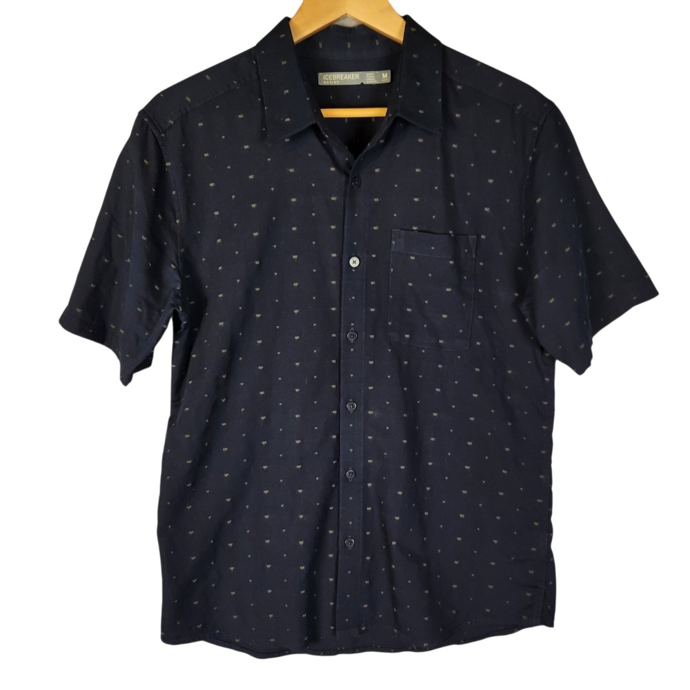 Icebreaker Button Down Shirt Men's Medium Navy Merino Wool Short Sleeve